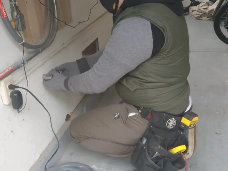 Electrician performing outlet wiring in a Cornelia garage